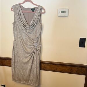 Ralph Lauren Silver Draped Cowl Sheath Dress size 12 cocktail/wedding/evening